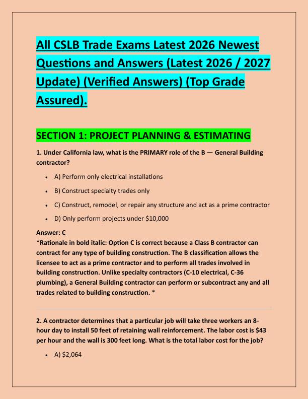 All CSLB Trade Exams Latest 2026 Newest Questions and Answers