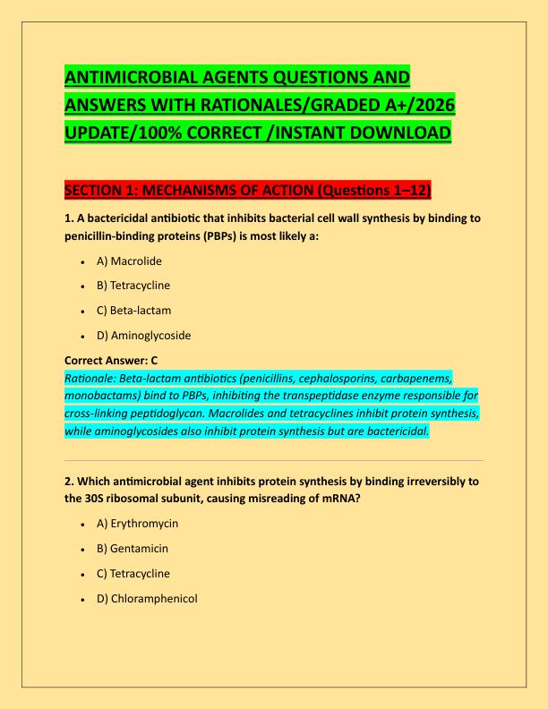 ANTIMICROBIAL AGENTS QUESTIONS AND ANSWERS WITH RATIONALES