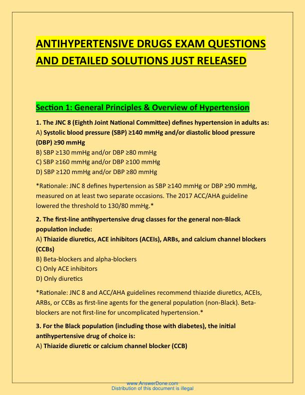 ANTIHYPERTENSIVE DRUGS EXAM QUESTIONS AND DETAILED SOLUTIONS JUST RELEASED