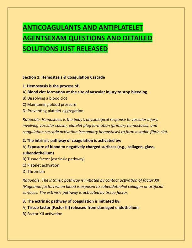 ANTICOAGULANTS AND ANTIPLATELET AGENTSEXAM QUESTIONS AND DETAILED SOLUTIONS JUST RELEASED