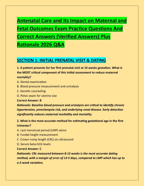 Antenatal Care and Its Impact on Maternal and Fetal Outcomes Exam Practice Questions And Correct Answers