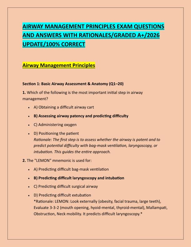 AIRWAY MANAGEMENT PRINCIPLES EXAM QUESTIONS AND ANSWERS WITH RATIONALES