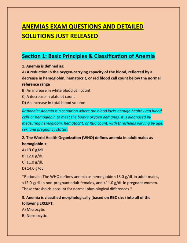ANEMIAS EXAM QUESTIONS AND DETAILED SOLUTIONS JUST RELEASED
