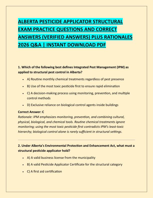 ALBERTA PESTICIDE APPLICATOR STRUCTURAL EXAM PRACTICE QUESTIONS AND CORRECT ANSWERS