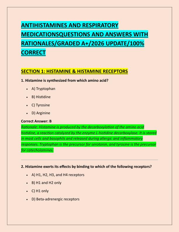 ANTIHISTAMINES AND RESPIRATORY MEDICATIONSQUESTIONS AND ANSWERS WITH RATIONALES