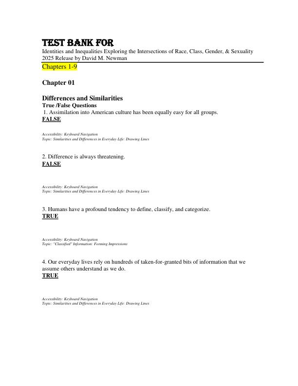 Test Bank For Identities and Inequalities Exploring the Intersections of Race, Class, Gender, & Sexuality 2025 Release By David M. Newman