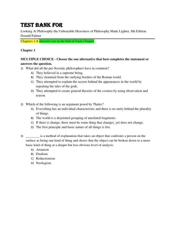 Test Bank For  Looking At Philosophy The Unbearable Heaviness of Philosophy Made Lighter, 8th Edition Donald Palmer