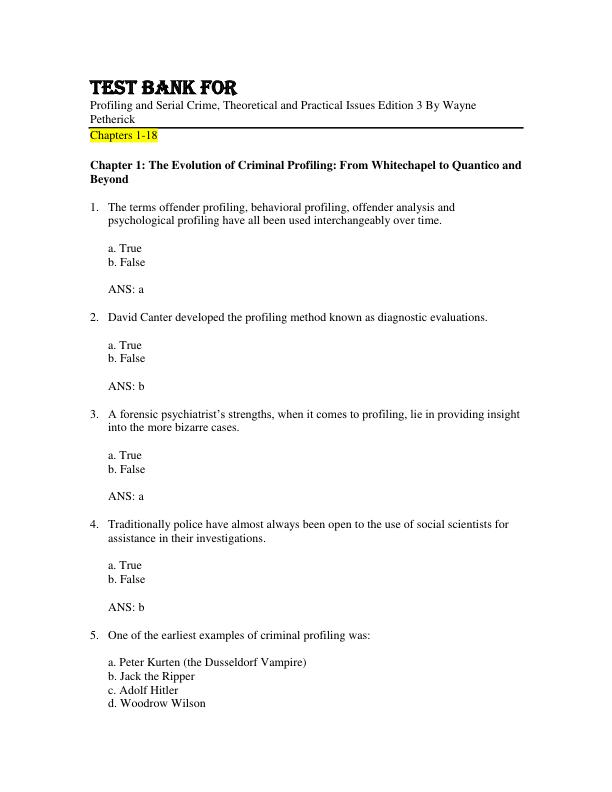 Test Bank For Profiling and Serial Crime, Theoretical and Practical Issues Edition 3 By Wayne Petherick