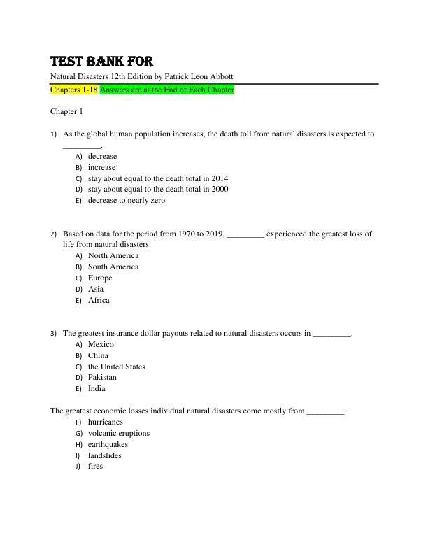 Test Bank For Natural Disasters 12th Edition By Patrick Leon Abbott