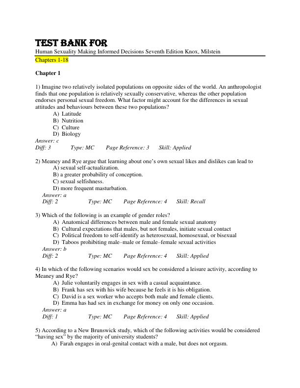 Test Bank For Human Sexuality Making Informed Decisions Seventh Edition Knox, Milstein