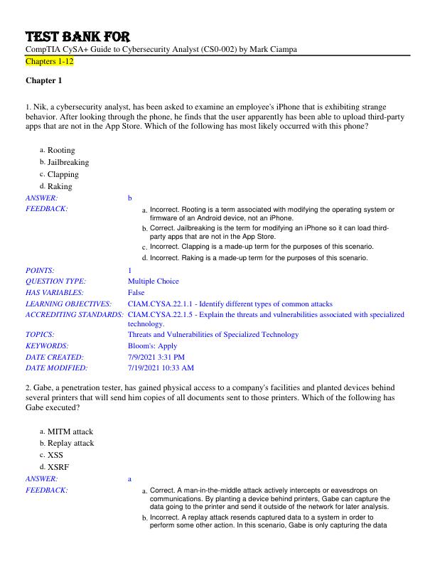 Test Bank For CompTIA CySA+ Guide to Cybersecurity Analyst (CS0-002) by Mark Ciampa