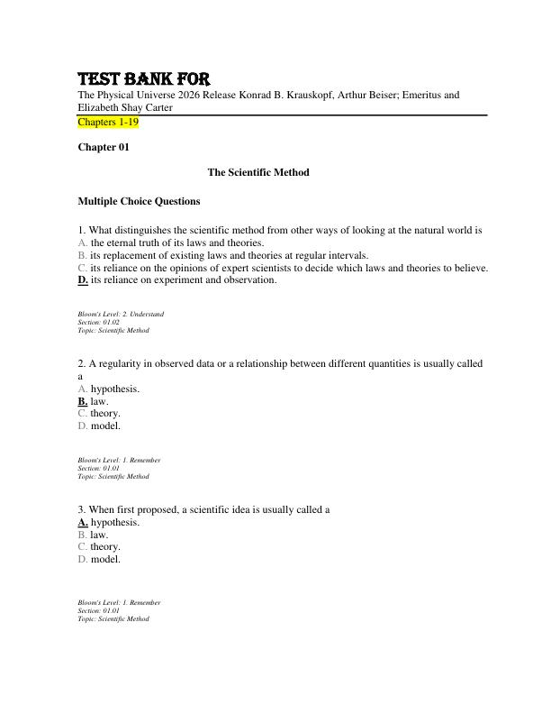 Test Bank For The Physical Universe 2026 Release Konrad B. Krauskopf, Arthur Beiser; Emeritus and Elizabeth Shay Carter