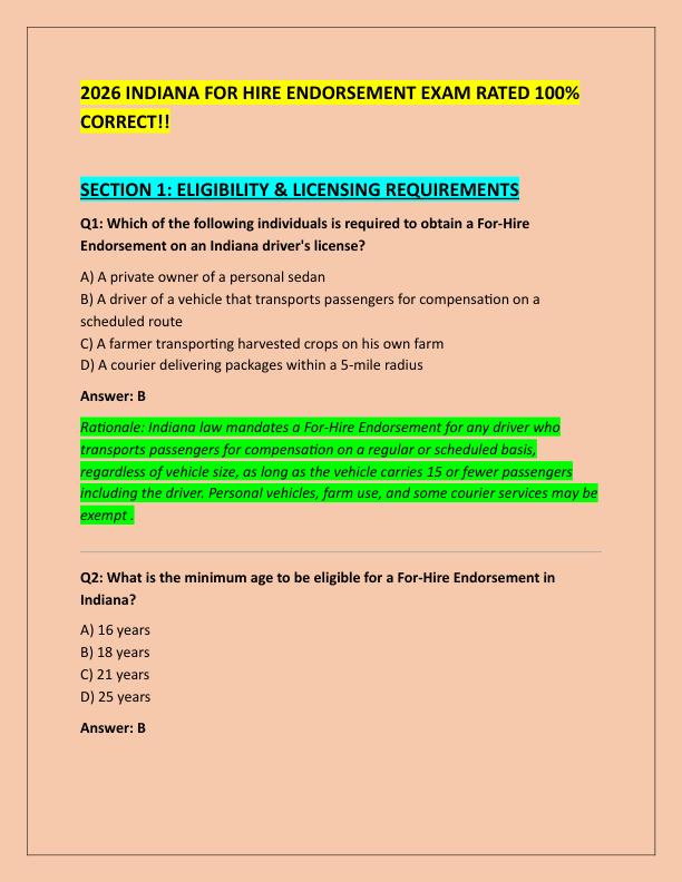 2026 INDIANA FOR HIRE ENDORSEMENT EXAM RATED 100