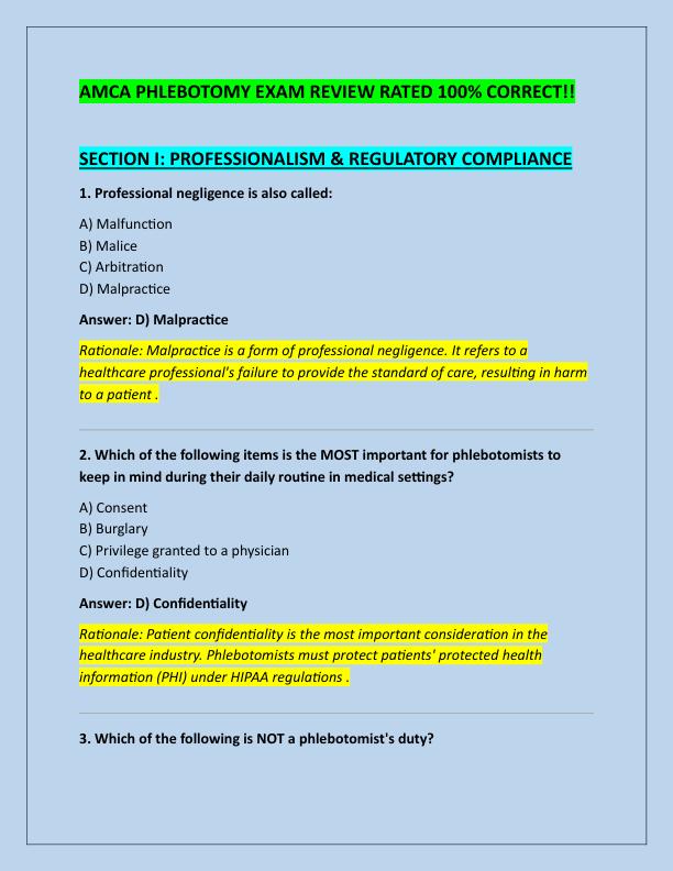 AMCA PHLEBOTOMY EXAM REVIEW RATED 100