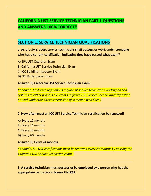 CALIFORNIA UST SERVICE TECHNICIAN PART 1 QUESTIONS AND ANSWERS 100