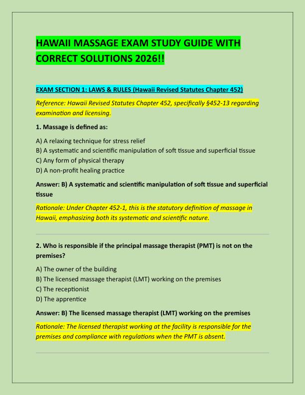 HAWAII MASSAGE EXAM STUDY GUIDE WITH CORRECT SOLUTIONS 2026
