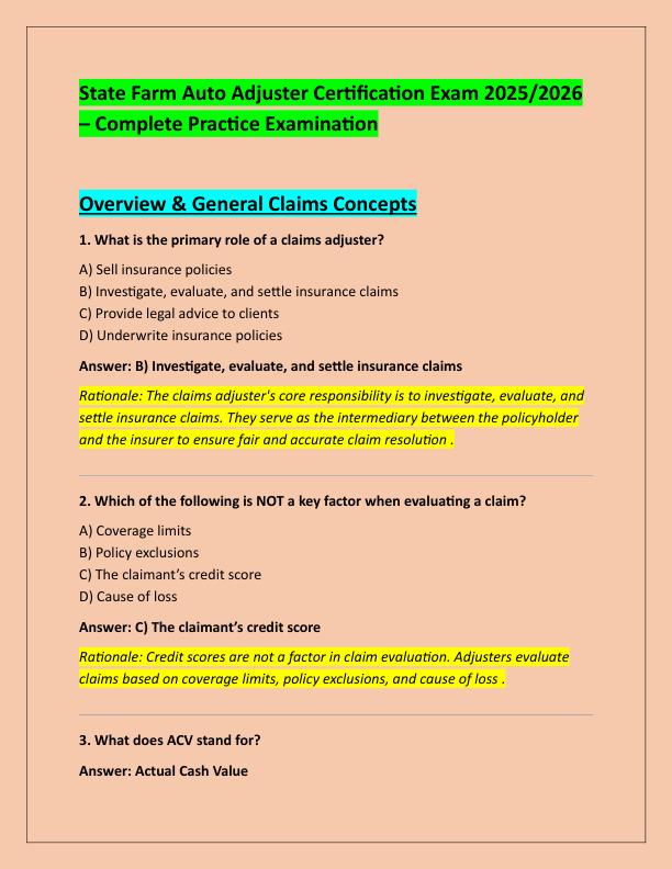 State Farm Auto Adjuster Certification Exam 2025