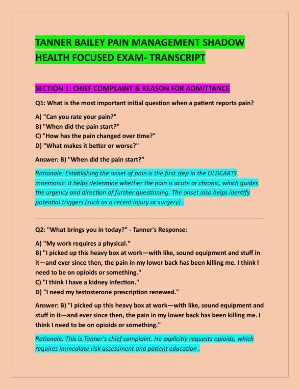 TANNER BAILEY PAIN MANAGEMENT SHADOW HEALTH FOCUSED EXAM