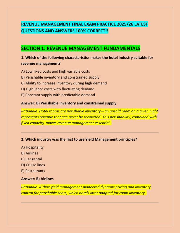 REVENUE MANAGEMENT FINAL EXAM PRACTICE 2025