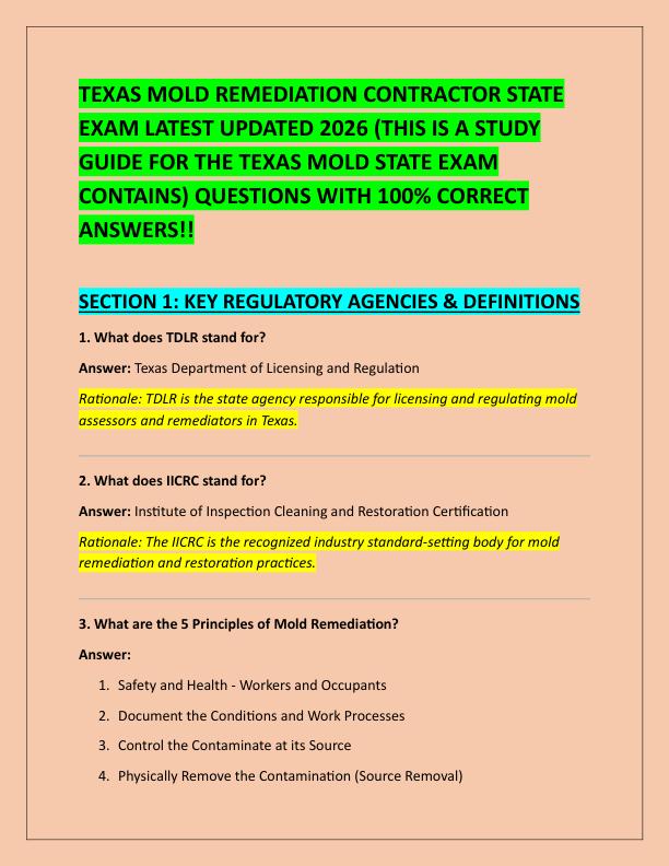 TEXAS MOLD REMEDIATION CONTRACTOR STATE EXAM LATEST UPDATED 2026