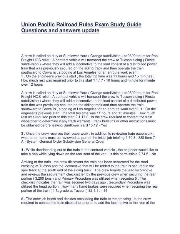 Union Pacific Railroad Rules Exam Study Guide Questions and answers update