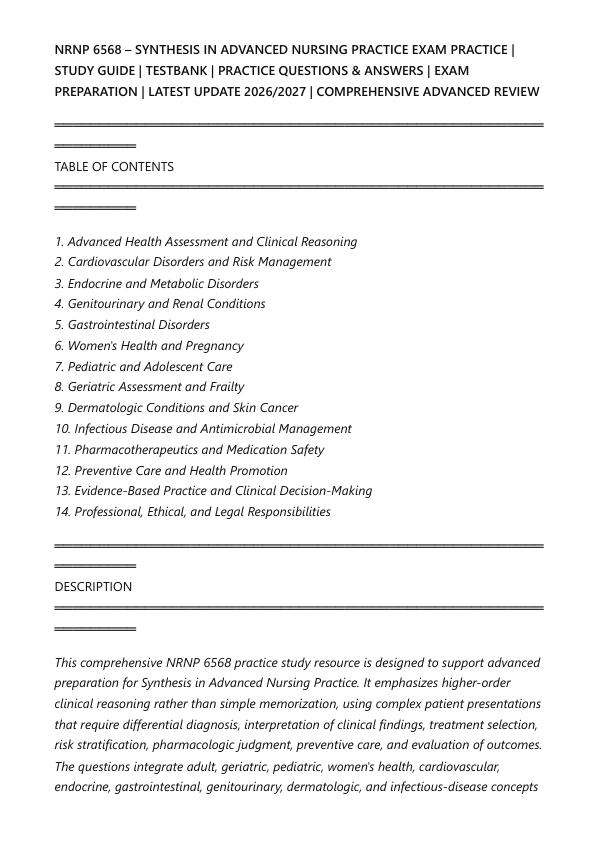 NRNP 6568 – SYNTHESIS IN ADVANCED NURSING PRACTICE EXAM PRACTICE | STUDY GUIDE | TESTBANK | PRACTICE QUESTIONS & ANSWERS | EXAM PREPARATION | LATEST UPDATE 2026/2027 | COMPREHENSIVE ADVANCED REVIEW