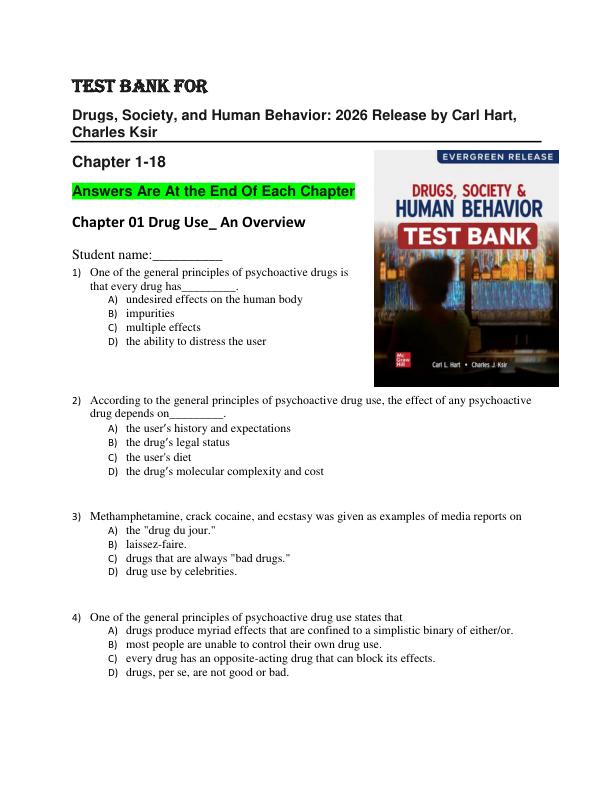 Test Bank for Drugs, Society, and Human Behavior: 2026 Release by Carl Hart, Charles Ksir Chapter 1-18