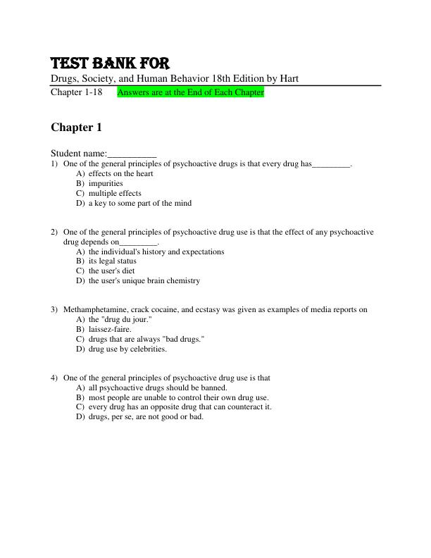 Test Bank for Drugs, Society, and Human Behavior 18th Edition by Hart Chapter 1-18
