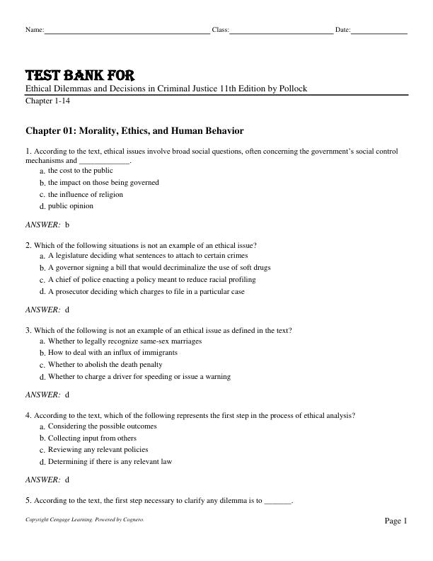 Test Bank for Ethical Dilemmas and Decisions in Criminal Justice 11th Edition by Pollock Chapter 1-14