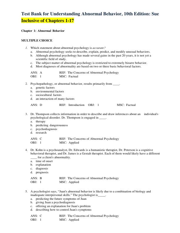 Latest 2023 Understanding Abnormal Behavior 10th Edition Sue Test bank  All Chapters.pdf