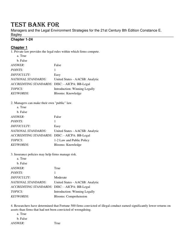 Test Bank For Managers and the Legal Environment Strategies for the 21st Century 8th Edition by Constance E. Bagley Chapter 1-24.pdf