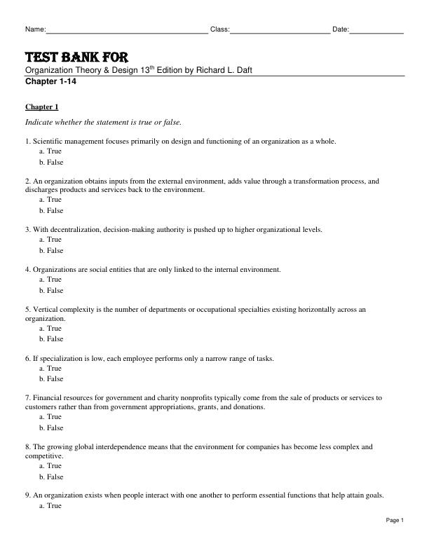 Test Bank For Organization Theory & Design 13th Edition by Richard L. Daft Chapter 1-14.pdf