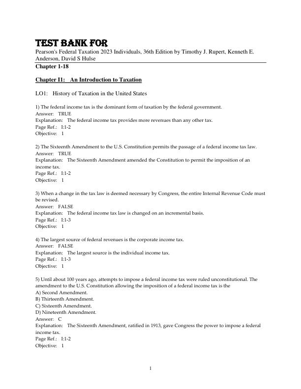 Test Bank For Pearson's Federal Taxation 2023 Individuals, 36th Edition by Timothy J. Rupert, Kenneth E. Anderson, David S Hulse Chapter 1-18.pdf