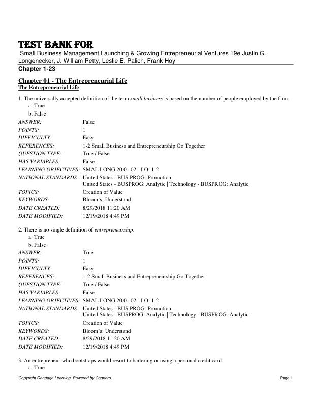 Test Bank For Small Business Management Launching & Growing Entrepreneurial Ventures 19th Edition by Justin G. Longenecker, J. William Petty, Leslie E. Palich, Frank Hoy Chapter 1-23.pdf