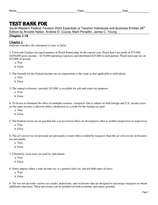 Test Bank For South-Western Federal Taxation 2023 Essentials of Taxation Individuals and Business Entities 26th Edition by Annette Nellen, Andrew D. Cuccia, Mark Persellin, James C. Young Chapter 1-18.pdf