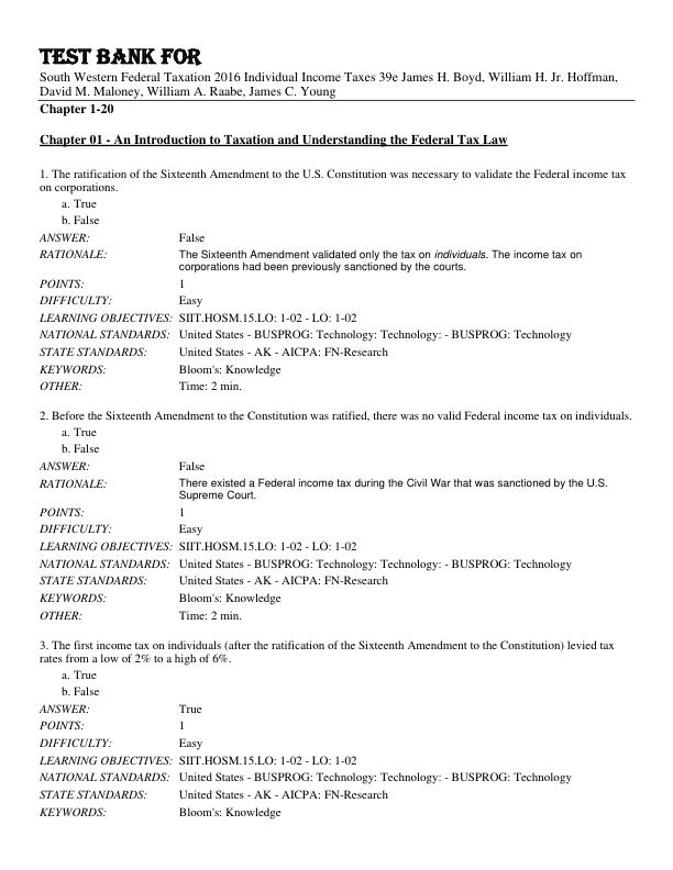 Test Bank For South Western Federal Taxation 2016 Individual Income Taxes 39th Edition by James H. Boyd, William H. Jr. Hoffman, David M. Maloney, William A. Raabe, James C. Young Chapter 1-20.pdf