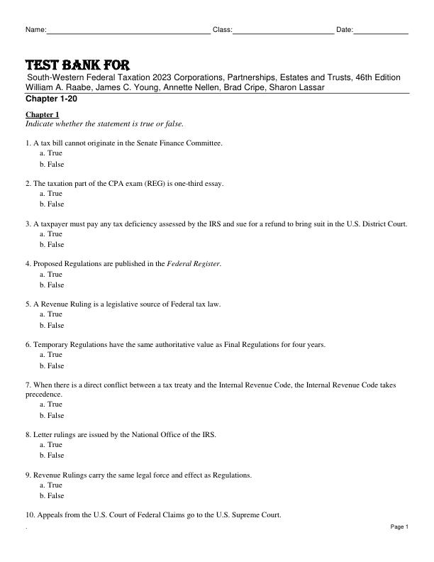 Test Bank For South-Western Federal Taxation 2023 Corporations, Partnerships, Estates and Trusts, 46th Edition by William A. Raabe, James C. Young, Annette Nellen, Brad Cripe, Sharon Lassar Chapter 1-28.pdf