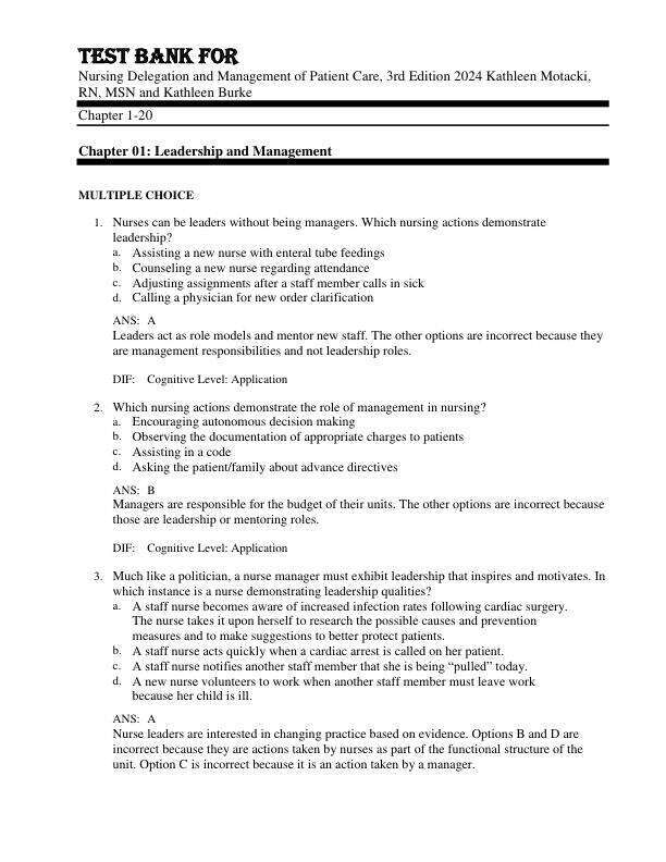 Test Bank For Nursing Delegation and Management of Patient Care, 3rd Edition by 2024 Kathleen Motacki, RN, MSN and Kathleen Burke Chapter 1-20.pdf