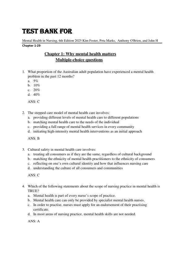 Test Bank For Mental Health in Nursing, 6th Edition by 2025 Kim Foster, Peta Marks, , Anthony O'Brien, and John H Chapter 1-29.pdf