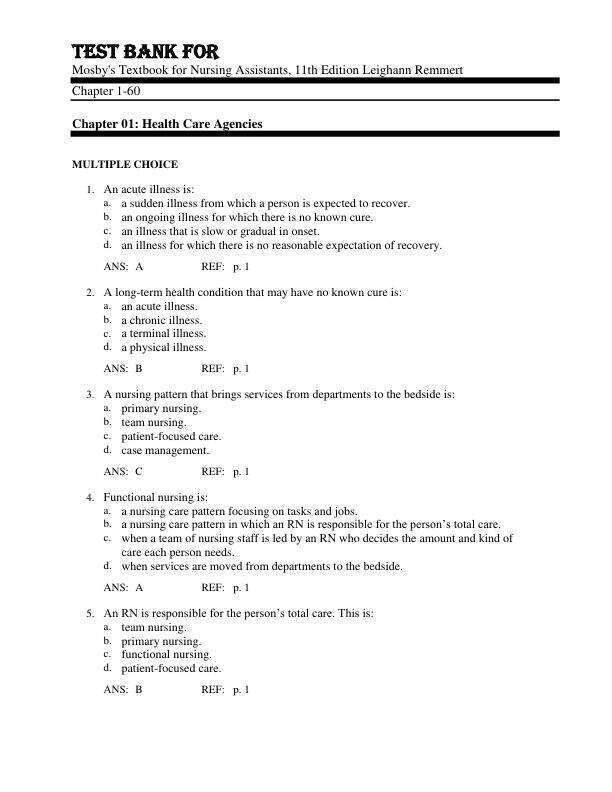 Test Bank For Mosby's Textbook for Nursing Assistants, 11th Edition by 2025 Leighann Remmert Chapter 1-60.pdf