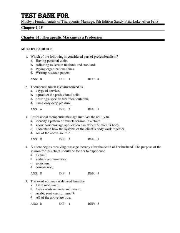 Test Bank For Mosby's Fundamentals of Therapeutic Massage, 8th Edition Sandy Fritz Luke Allen Fritz by 2025 Chapter 1-15.pdf