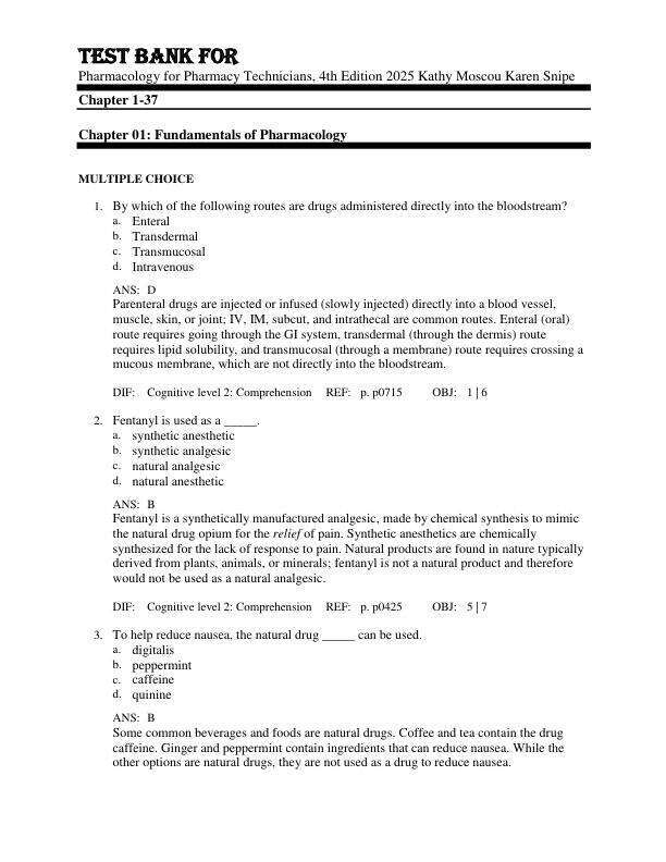 Test Bank For Pharmacology for Pharmacy Technicians, 4th Edition by 2025 Kathy Moscou Karen Snipe Chapter 1-37.pdf