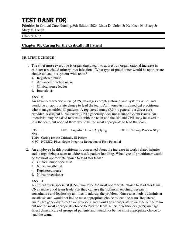 Test Bank For Priorities in Critical Care Nursing, 9th Edition by 2024 Linda D. Urden & Kathleen M. Stacy & Mary E. Lough Chapter 1-27.pdf