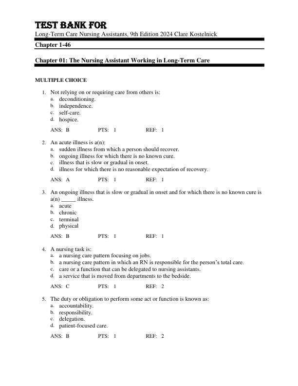 Test Bank For Long-Term Care Nursing Assistants, 9th Edition by 2024 Clare Kostelnick Chapter 1-46.pdf