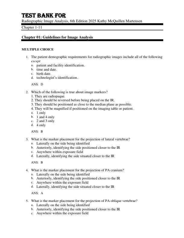 Test Bank For Radiographic Image Analysis, 6th Edition by 2025 Kathy McQuillen Martensen Chapter 1-11.pdf