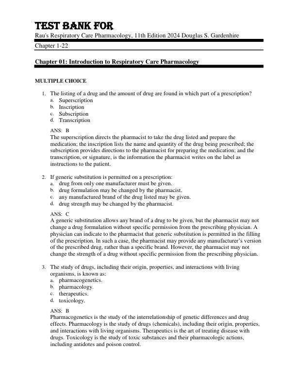 Test Bank For Rau's Respiratory Care Pharmacology, 11th Edition by 2024 Douglas S. Gardenhire Chapter 1-22.pdf