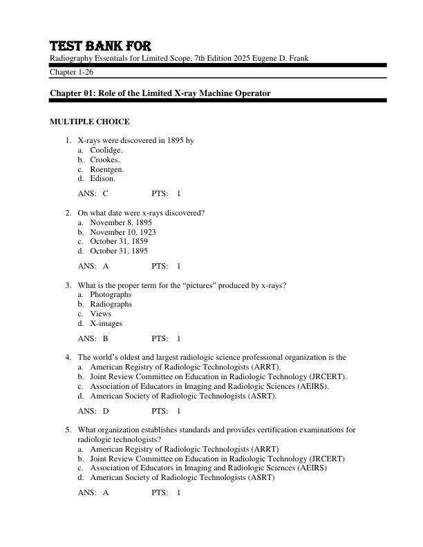 Test Bank For Radiography Essentials for Limited Scope, 7th Edition by 2025 Eugene D. Frank Chapter 1-26.pdf