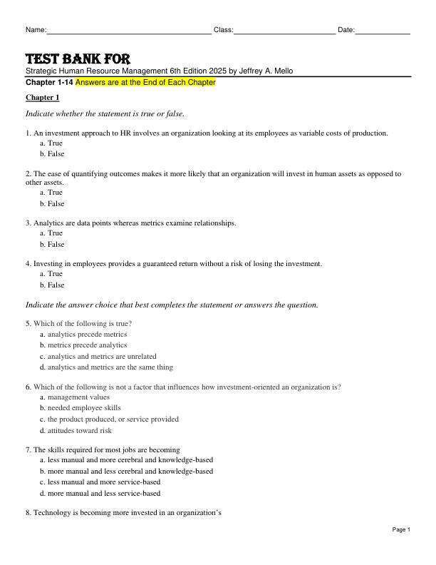 Test Bank For Strategic Human Resource Management 6th Edition 2025 by Jeffrey A. Mello Chapter 1-14.pdf