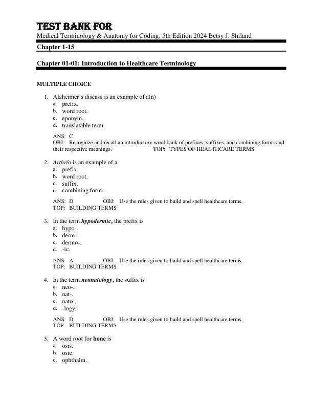 Test Bank For Medical Terminology & Anatomy for Coding, 5th Edition by 2024 Betsy J. Shiland Chapter 1-15.pdf