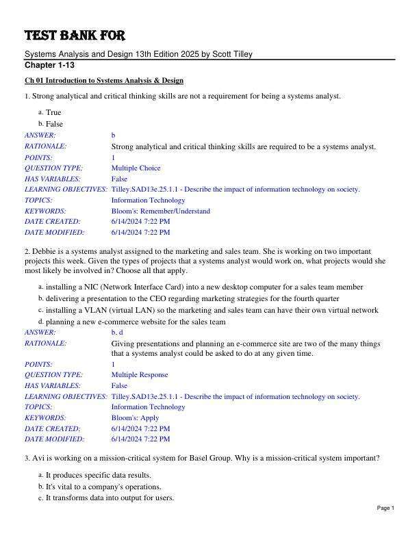 Test Bank For Systems Analysis and Design 13th Edition 2025 by Scott Tilley Chapter 1-13.pdf